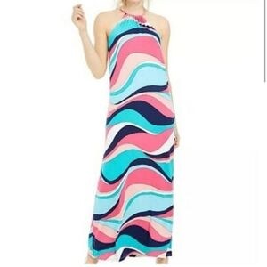 Trina Turk Milian Wave Print Maxi Dress Large Multicolor Halter Resortwear Beach